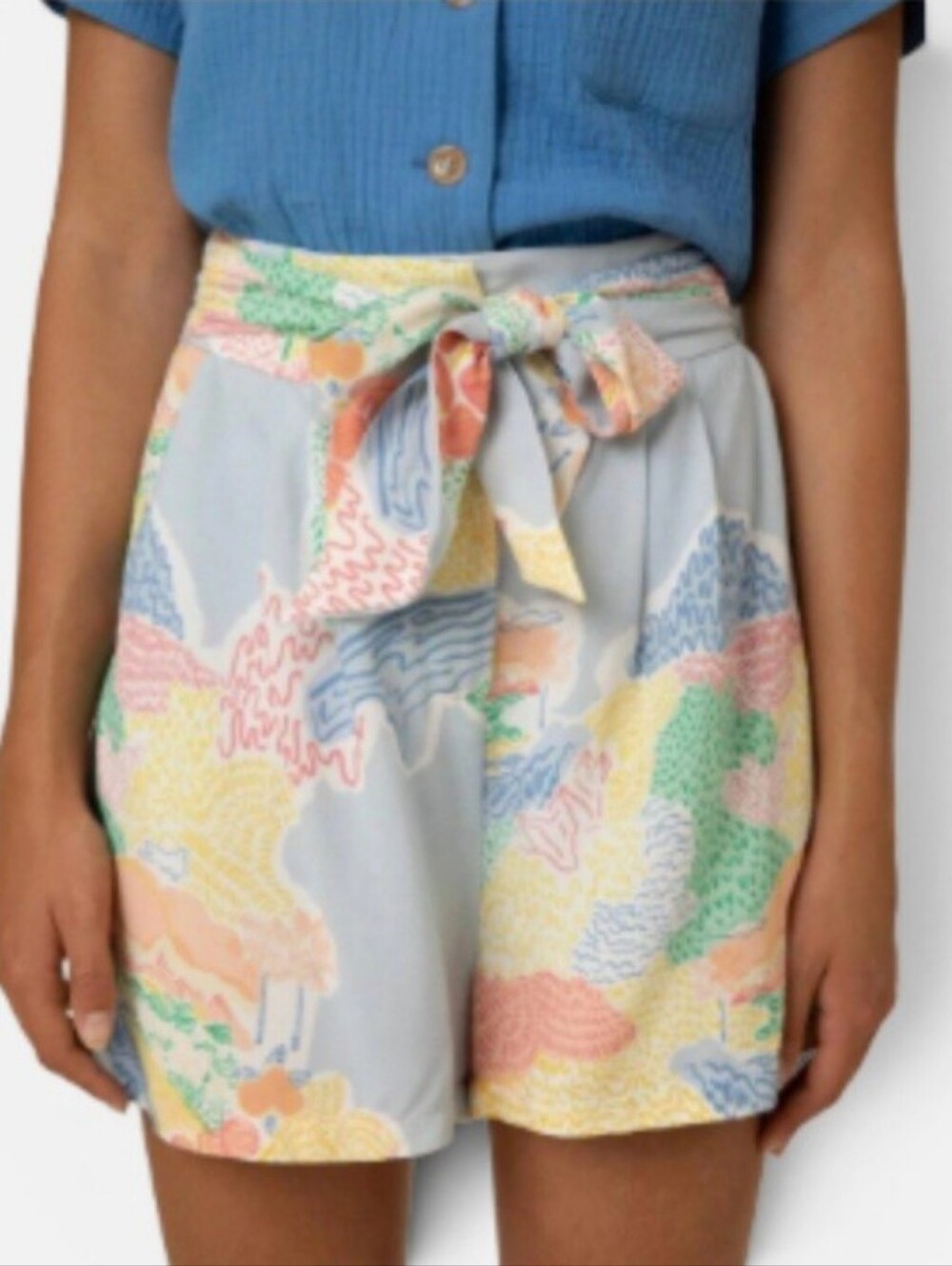 FRNCH High-Waist Pastel Print Tie-Belt Davina City Shorts Size Medium Coastel